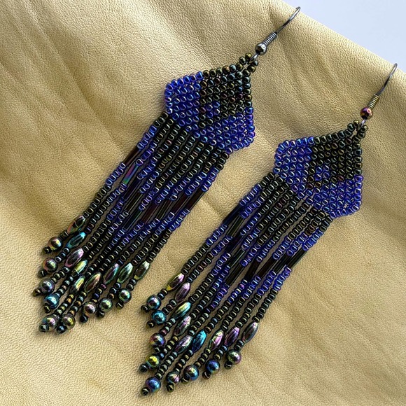 Beaded Fringe Dangle Earrings Blue Purple Green Peacock Iridescent Glass Beads - Picture 3 of 6